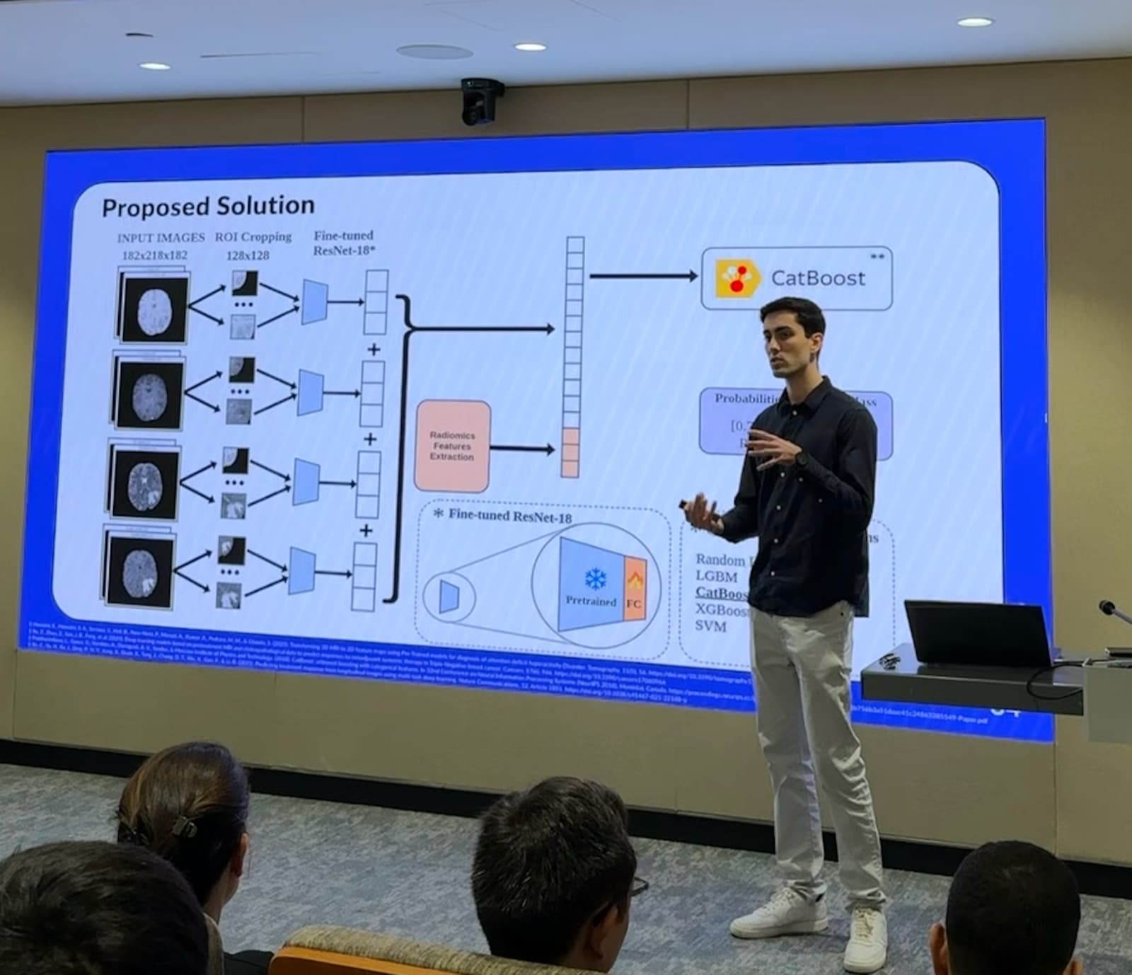 Me presenting the response prediction pipeline, ResNet-18 features and radiomics into CatBoost, at MBZUAI